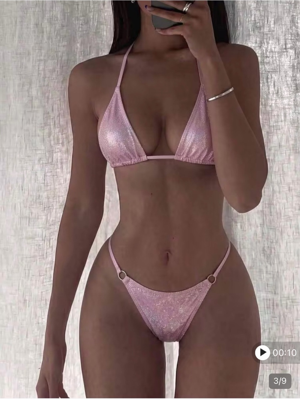 Shimmery Pink Triangle String Bikini Set